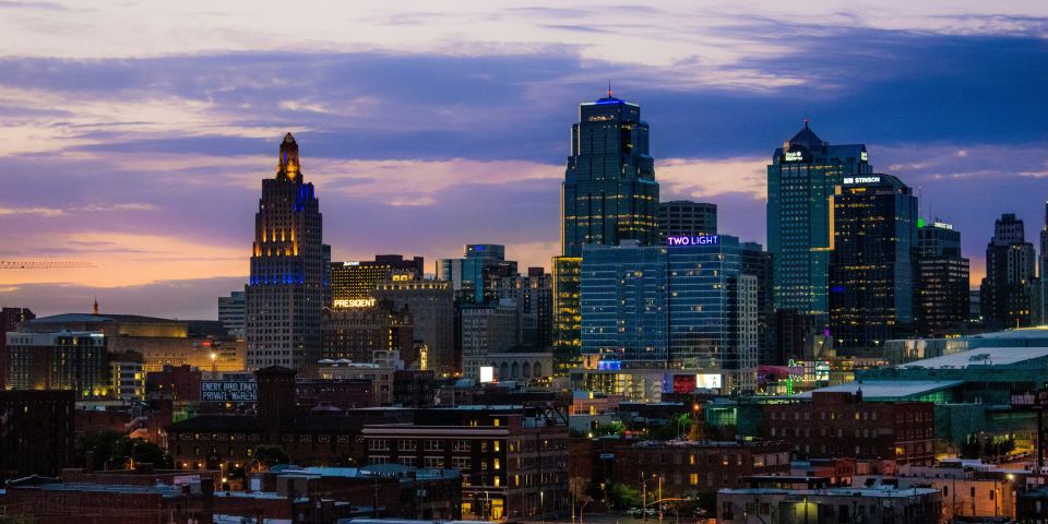 The Kansas City, Missouri skyline at dusk